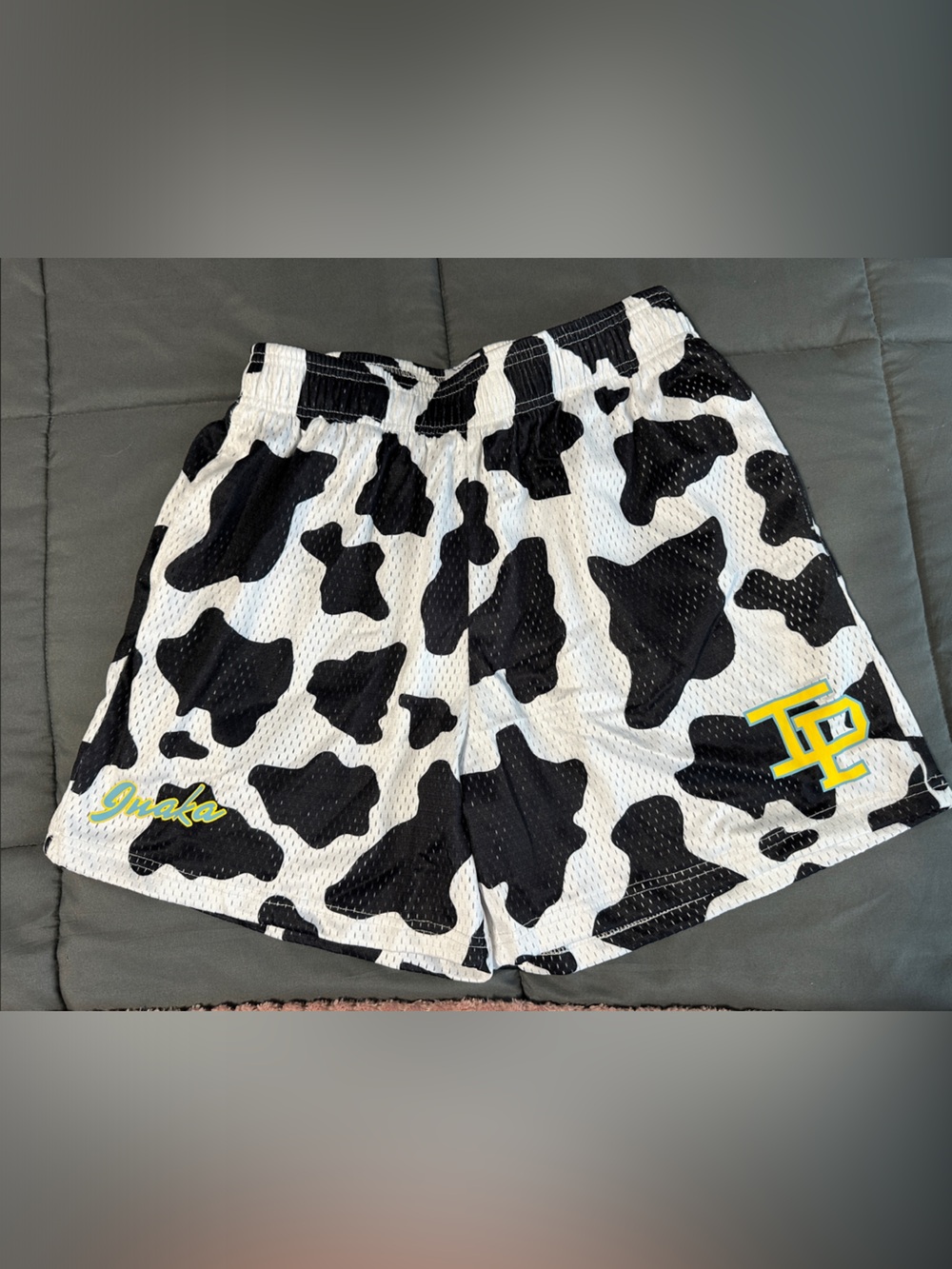 Inaka Power Cow Print Athletic Shorts - Black & White with Yellow Logo